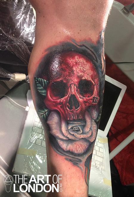 Tattoos - Red Skull and White Rose Color Realism Tattoo - 92191